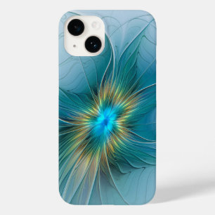 Coque Pour iPhone 14 Petite Beauté Moderne Bleu Or Fractal Art Flower