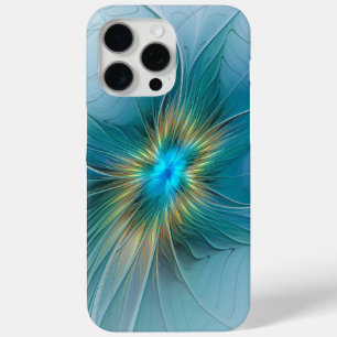 Coque iPhone 15 Pro Max Petite Beauté Moderne Bleu Or Fractal Art Flower