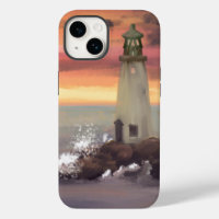 Phare Côtier Avec Ciel Rose Et Orange