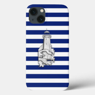 Etui iPhone 13 Phare Silver Style sur Blue Nautical Stripes