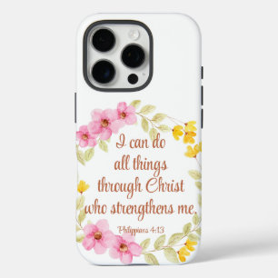 Coques iPhone 16 Pro Philippiens 4:13 Écriture florale rose et jaune