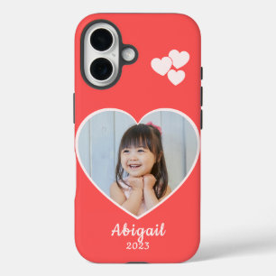 Coque Pour iPhone 16 Photo Coeur et nom en blanc sur Coral Red