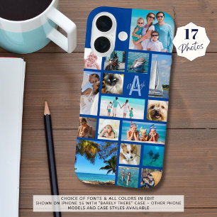 Coque Pour iPhone 16 Photo Collage Monogramme Nom 17 Photos Bleu