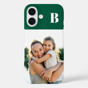 Coque Pour iPhone 16 Photo de famille monogrammée vert chasseur