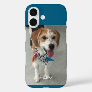 Coque Pour iPhone 16 Photo de l'animal et nom blanc, bleu