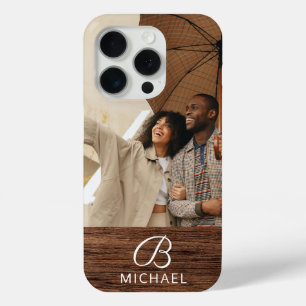 Coque iPhone 15 Pro Photo de monogramme sur bois personnalisé avec nom