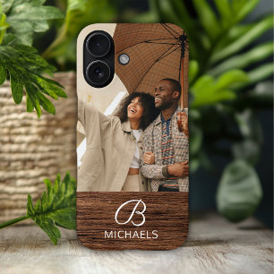 Coque Pour iPhone 16 Photo de monogramme sur bois personnalisé avec nom