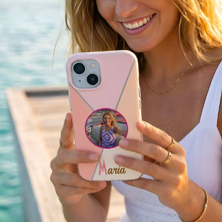 Coque Pour iPhone 15 Photo et nom personnalisés Bloc de couleur rose pa