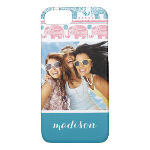 Coques Pour iPhone Photo et nom personnalisés Pink & Turquoise Elepha