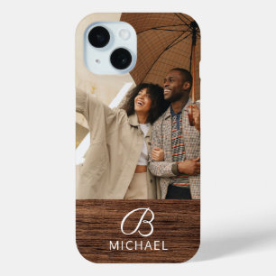 Coque Pour iPhone 15 Photo Monogramme Bois Grain Bois Personnalisé Nom