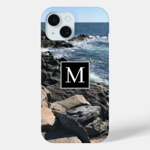 Coque Pour iPhone 15 Photo Ocean Waves and Rocks Initial Black