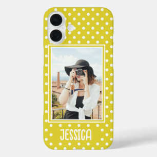 Coques iPhone 16 Plus Photo personnalisée et nom de la Polka jaune vif