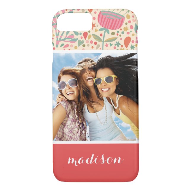 Coques Case-Mate iPhone Photo personnalisée et nom Modèle floral clair (Dos)