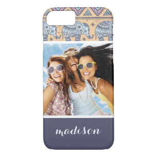 Coques Pour iPhone Photo personnalisée et nom Motif tribal Blue Eleph