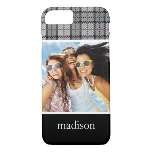 Etui iPhone Case-Mate Photo personnalisée et nom Pixel Plaid en gris et