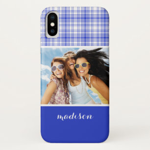 Coques Pour iPhone Photo personnalisée Nom bleu blanc Plaid 2