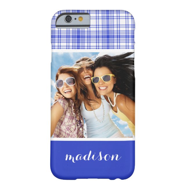 Coques Case-Mate iPhone Photo personnalisée Nom bleu blanc Plaid 2 (Dos)