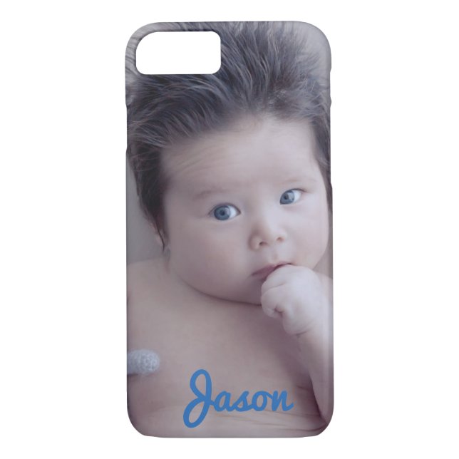 Coques Case-Mate iPhone Photo personnelle et texte bleu (Dos)