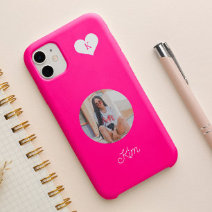 Coque Pour iPhone 14 Photo rose vif féminin et nom personnalisé moderne