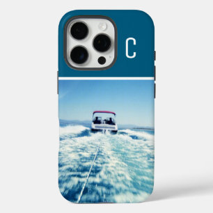 Coques iPhone 16 Pro Photo vertical de sports nautiques monogrammé bleu
