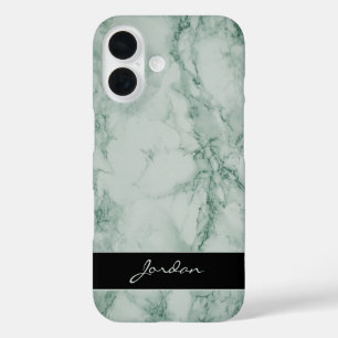 Coque Pour iPhone 16 Pierre de marbre poli vert Sage avec nom