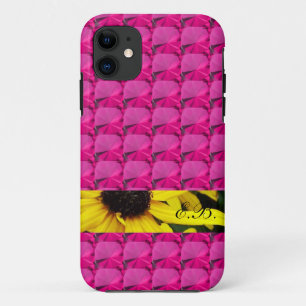 Coque iPhone 11 Pierres gemmes roses avec bande de fleurs et initi