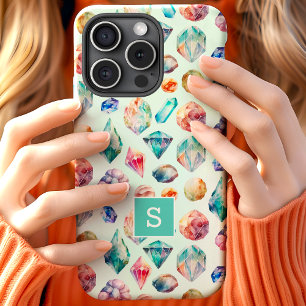 Coque Pour iPhone 15 Pierres précieuses et cristaux à motif monogramme 