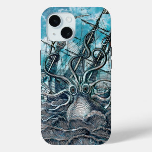 Coque Pour iPhone 15 Pieuvre géante monstre marin bleu voilier 