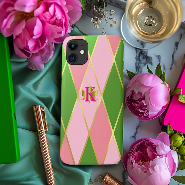 Coques Case-Mate iPhone Pilote de Jacquard rose et vert élégant (Stylish Pink and Green Argyle iPhone Case )