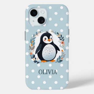 Coque Pour iPhone 15 Pingouin et fleurs en caricature mignonne