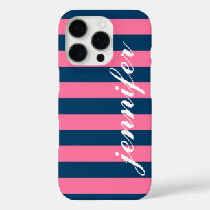 iPhone 16 Pro Case Pink and Navy Stripes Custom Script Monogramme Nom