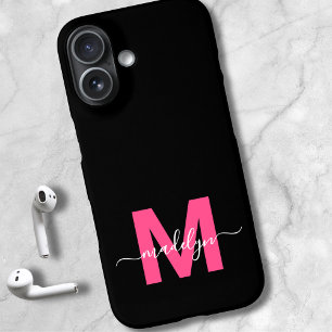 Coque Pour iPhone 16 Pink Black Elegant Nom de script Monogramme