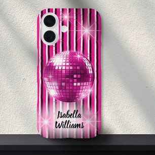 Coque Pour iPhone 16 Pink Black White Stripe Disco Ball Nom de l'étince