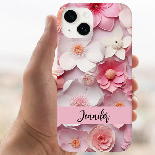 Coque Pour iPhone 15 Pink blanc fleurs nom