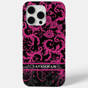 Coque iPhone 15 Pro Max Pink Blanc Noir Personnalisé Damask iPhone