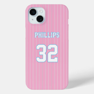 Coque iPhone 15 Mini Pink Blue White Softball Jersey Nom Numéro