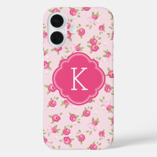 Coques iPhone 16 Pink Chic Vintage Floral Imprimer Monogramme