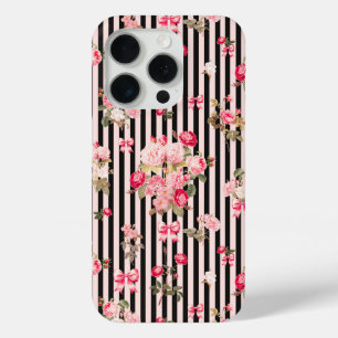 Coque iPhone 15 Pro Pink Coquette Bow Roses Vintages Black Stripes