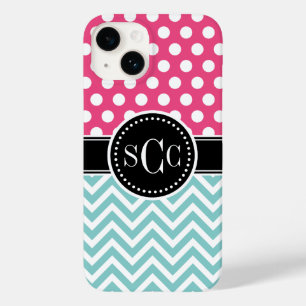 Coques Pour iPhone Pink et Aqua Polka Dot Chevron Monogram