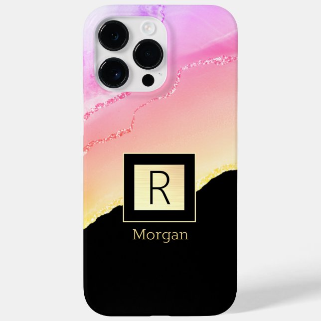 Coques Case-Mate iPhone Pink & Gold Agate Nom & Monogram Black & Gold Box (Verso)