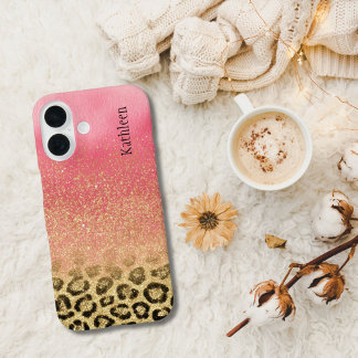Coque Pour iPhone 16 Pink Gold Glitter Leopard Print Monogrammed Name
