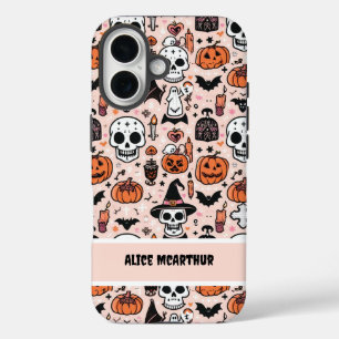 Coque Pour iPhone 16 Pink Halloween Tricoter ou traiter Nom personnalis