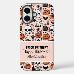 Coque Pour iPhone 16 Pink Halloween Tricoter ou traiter Nom personnalis