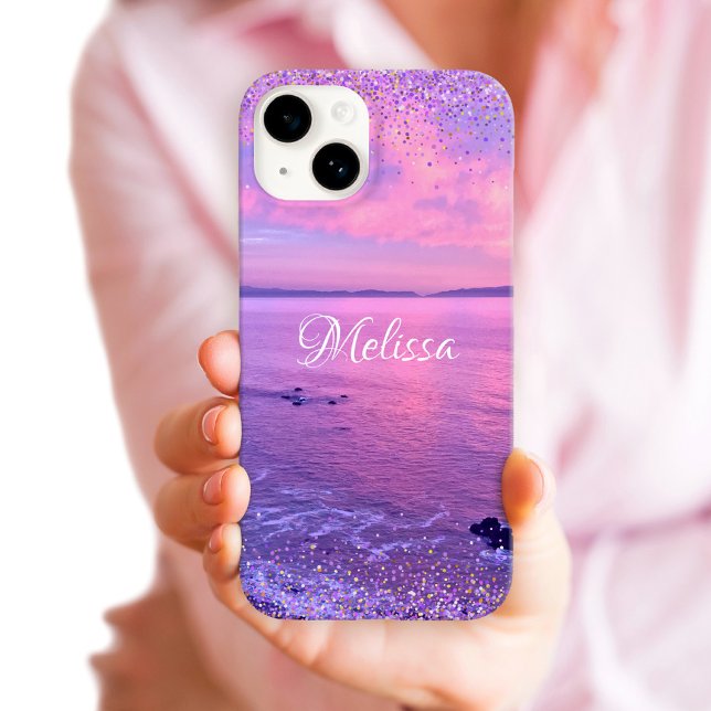 Coques Case-Mate iPhone Pink Purple Ocean Sunset Girl Glam Confetti Nom (Créateur téléchargé)