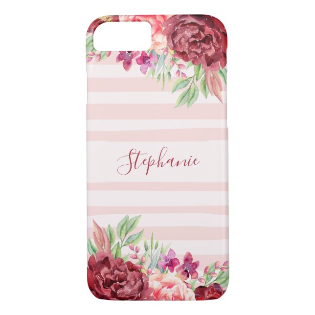Coques Case-Mate iPhone Pink Stripes Bourgogne Floral Monogramme (Dos)