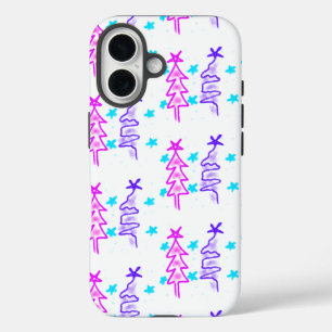 Coque Pour iPhone 16 Pink violet doodé noël arbre étoiles vacances pa