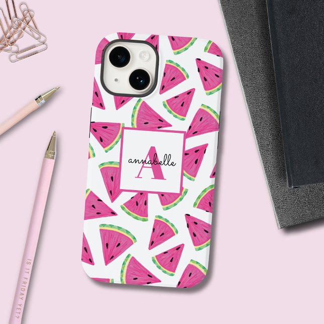 Coques Case-Mate iPhone Pink Watermelon Motif prénom initial (Colorful, girly, watermelon pattern phone case with customizable text for initial and first name.)
