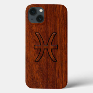 Etui iPhone 13 Pisces Zodiac Symbol Brown Mahogany wood style