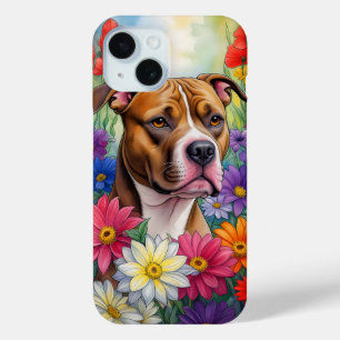 Coque Pour iPhone 15 Pitbull dans le jardin des fleurs
