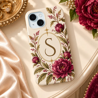Coque Pour iPhone 15 Pivoine Bourgogne Ivoire Monogramme Botanique